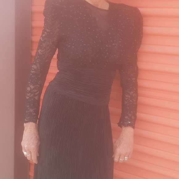 Daring Vtg 80s I magnin Midi lace sequin Bodice dress Plunge V Micro pleat skirt - Picture 7 of 11